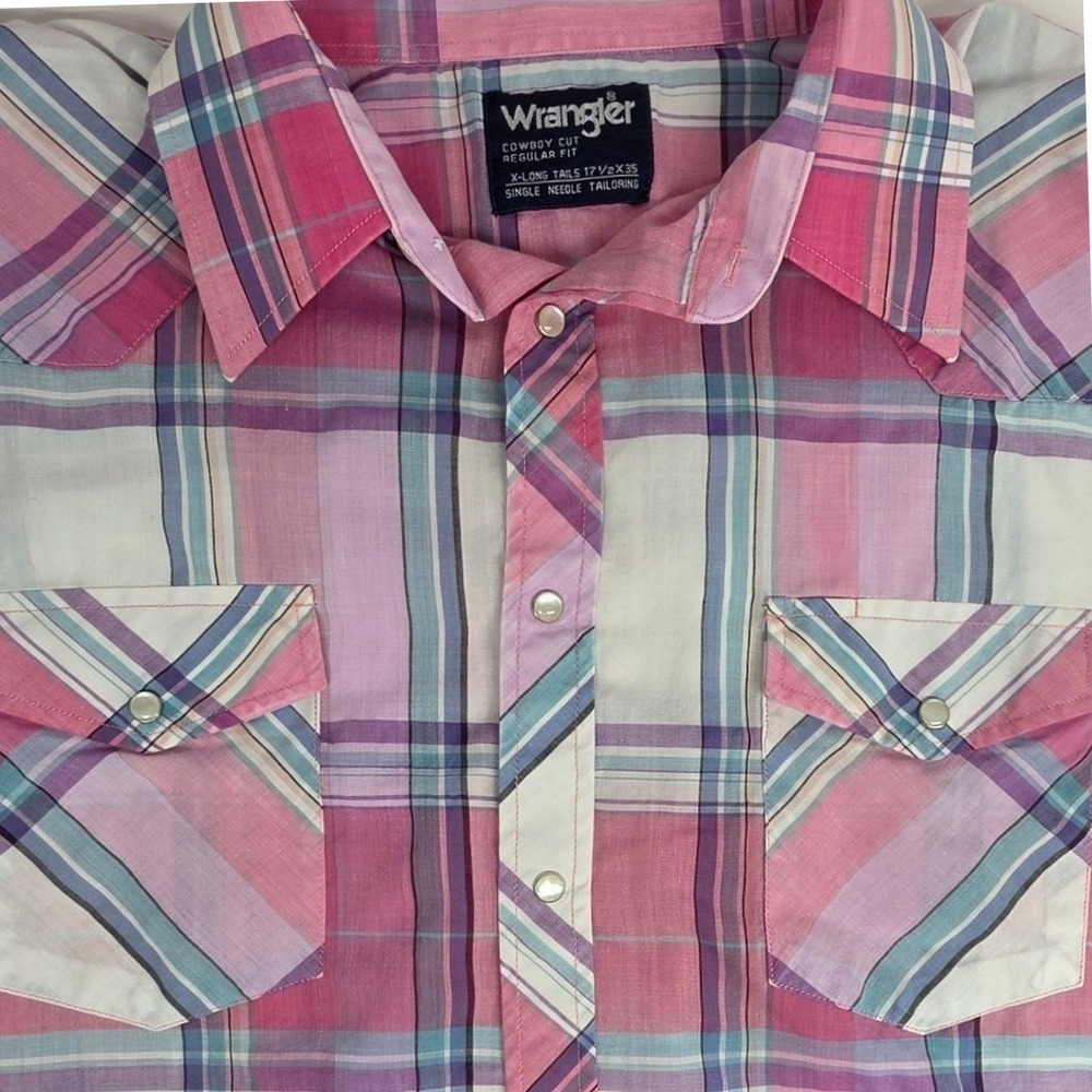 Wrangler Cowboy Cut Western Shirt Mens 17.5x35 Pink Plaid Pearl Snap X-Long Tail